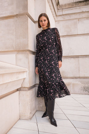 Carraig Donn Long Sleeve Floral Boho Dress in Black