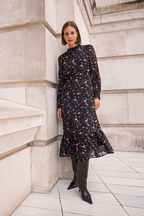 Long Sleeve Floral Boho Dress in Black