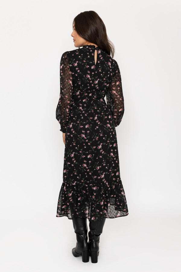 Carraig Donn Long Sleeve Floral Boho Dress in Black