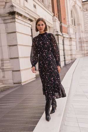 Carraig Donn Long Sleeve Floral Boho Dress in Black