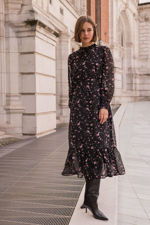 Carraig Donn Long Sleeve Floral Boho Dress in Black