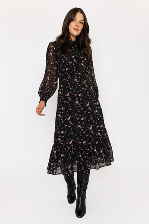 Carraig Donn Long Sleeve Floral Boho Dress in Black