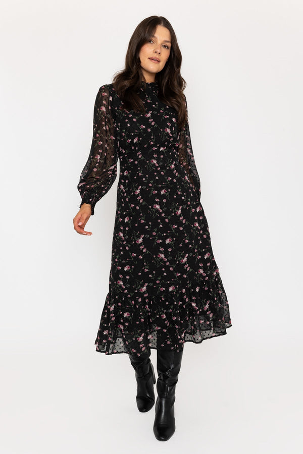 Carraig Donn Long Sleeve Floral Boho Dress in Black