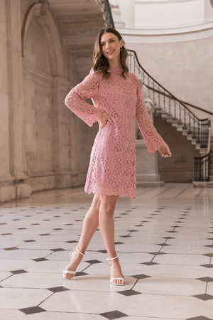 Carraig Donn Long Sleeve Lace Knee Length Dress in Pink