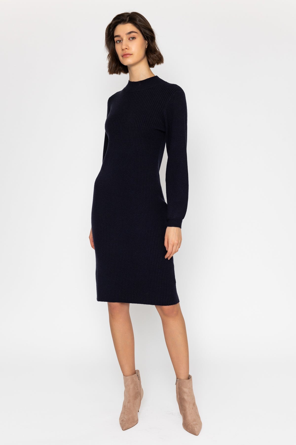 Navy Long Sleeve Ribbed Knit Midi Dress