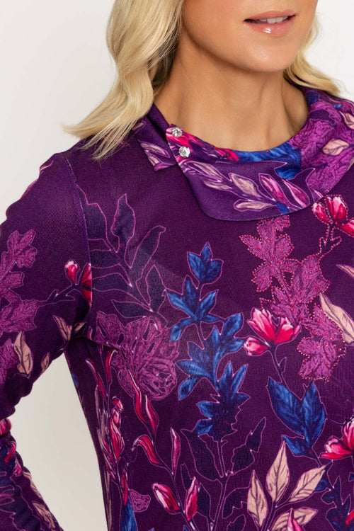 Carraig Donn Magenta Printed Cowl Neck Top with Button Detail