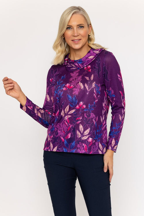 Magenta Printed Cowl Neck Top with Button Detail