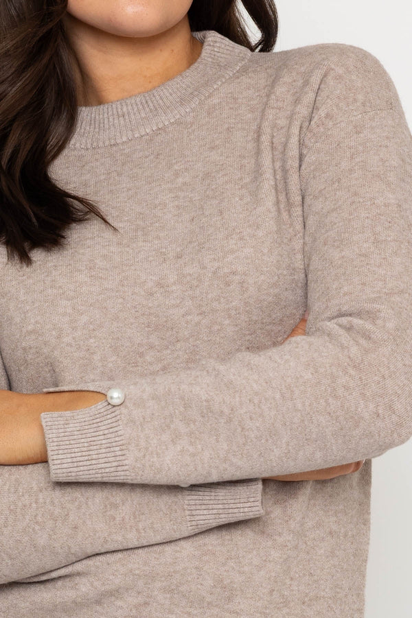 Carraig Donn Mocha Jumper with Pearl Cuff Detailing