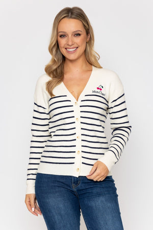 Carraig Donn Mon Cherry Logo Stripe Cardigan Cream