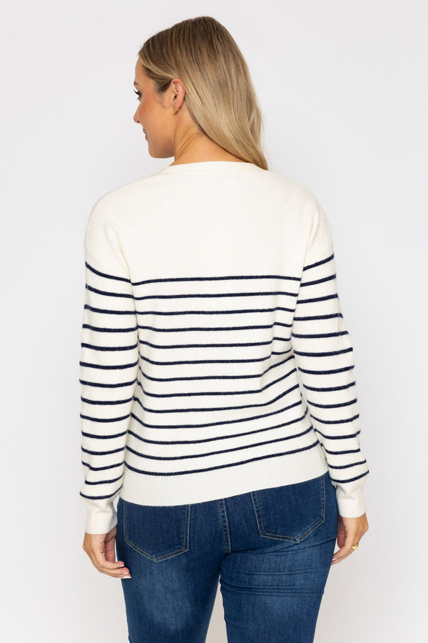 Carraig Donn Mon Cherry Logo Stripe Cardigan Cream