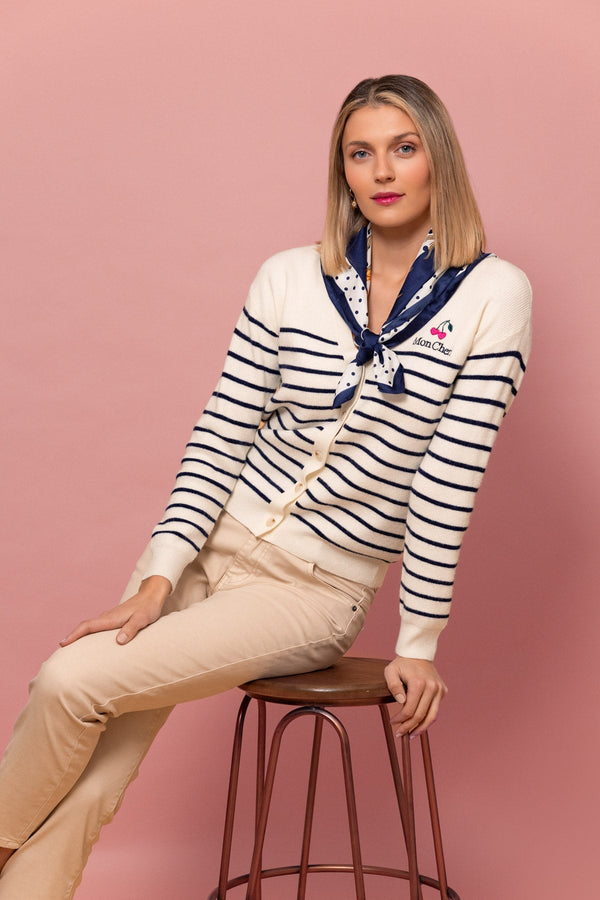 Carraig Donn Mon Cherry Logo Stripe Cardigan Cream