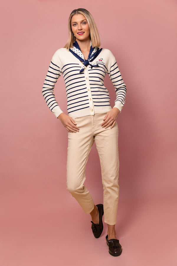 Carraig Donn Mon Cherry Logo Stripe Cardigan Cream