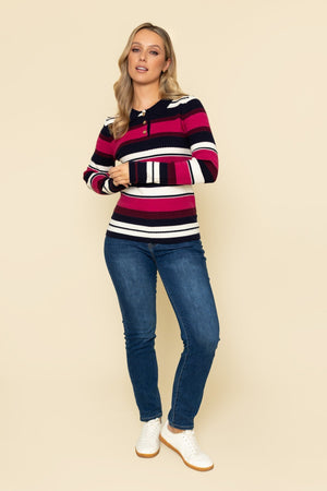 Carraig Donn Multicolour Stripe Cable-Knit Polo Jumper