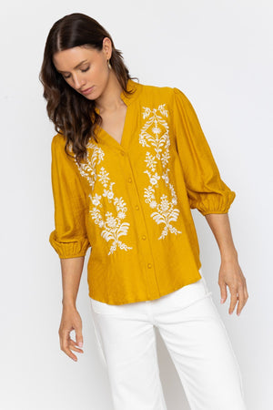 Carraig Donn Mustard Yellow Blouse with Embroidered Details