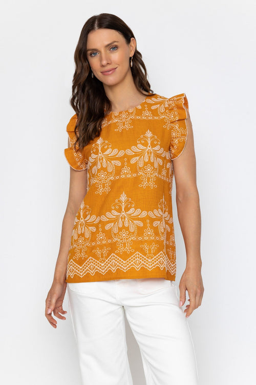 Carraig Donn Mustard Yellow Sleeveless Embroidered Top