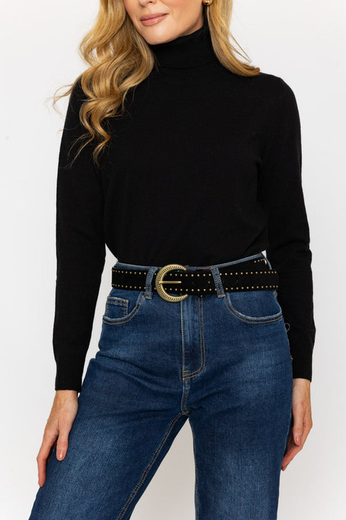 Narrow Stud Faux Suede Belt in Black