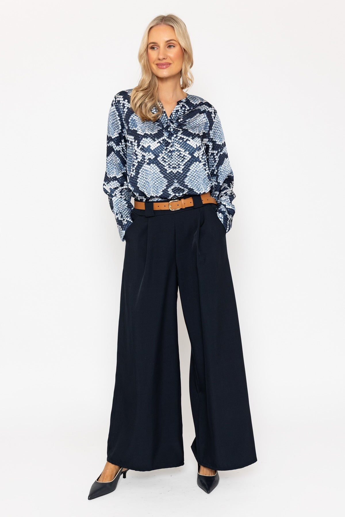 Navy Belted Wide Leg Trousers