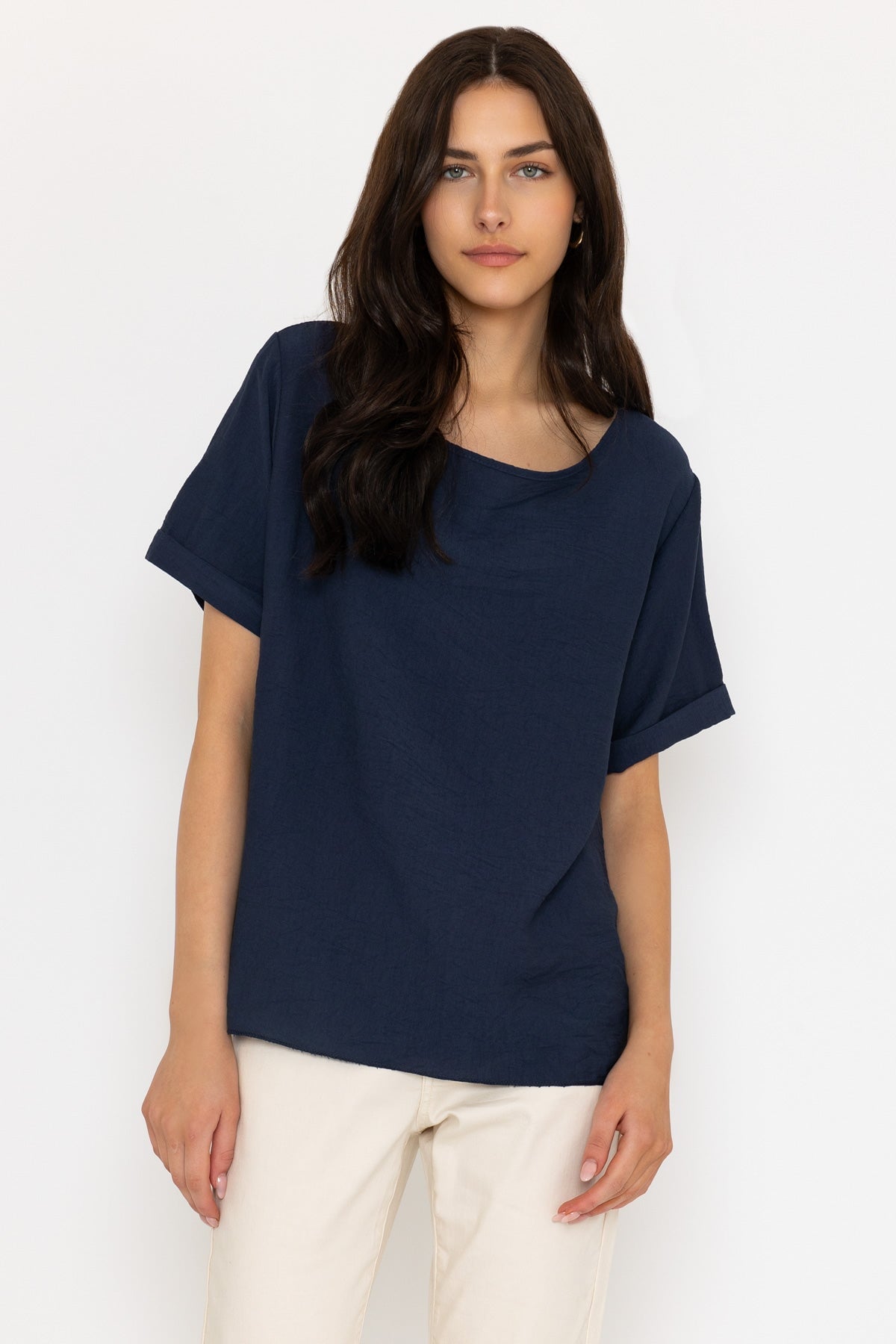 Navy Button Back Linen Like Top
