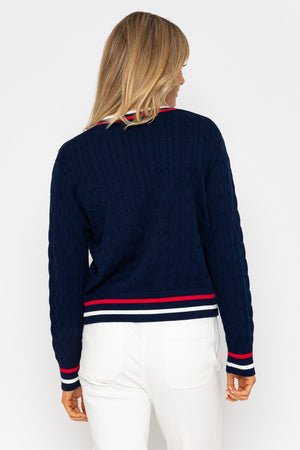 Carraig Donn Navy Cable Knit Cardigan With Contrast Rib