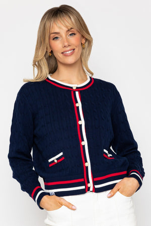 Carraig Donn Navy Cable Knit Cardigan With Contrast Rib