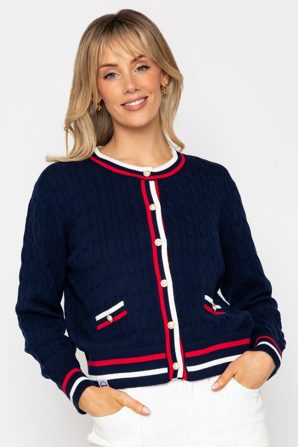 Carraig Donn Navy Cable Knit Cardigan With Contrast Rib