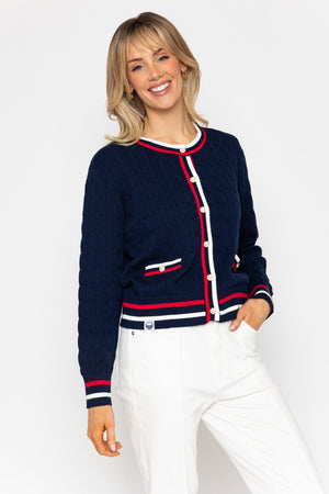Carraig Donn Navy Cable Knit Cardigan With Contrast Rib