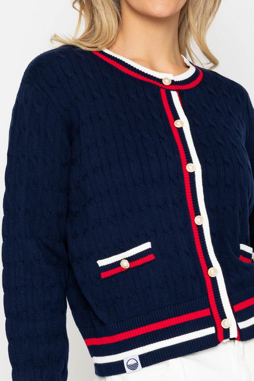 Carraig Donn Navy Cable Knit Cardigan With Contrast Rib