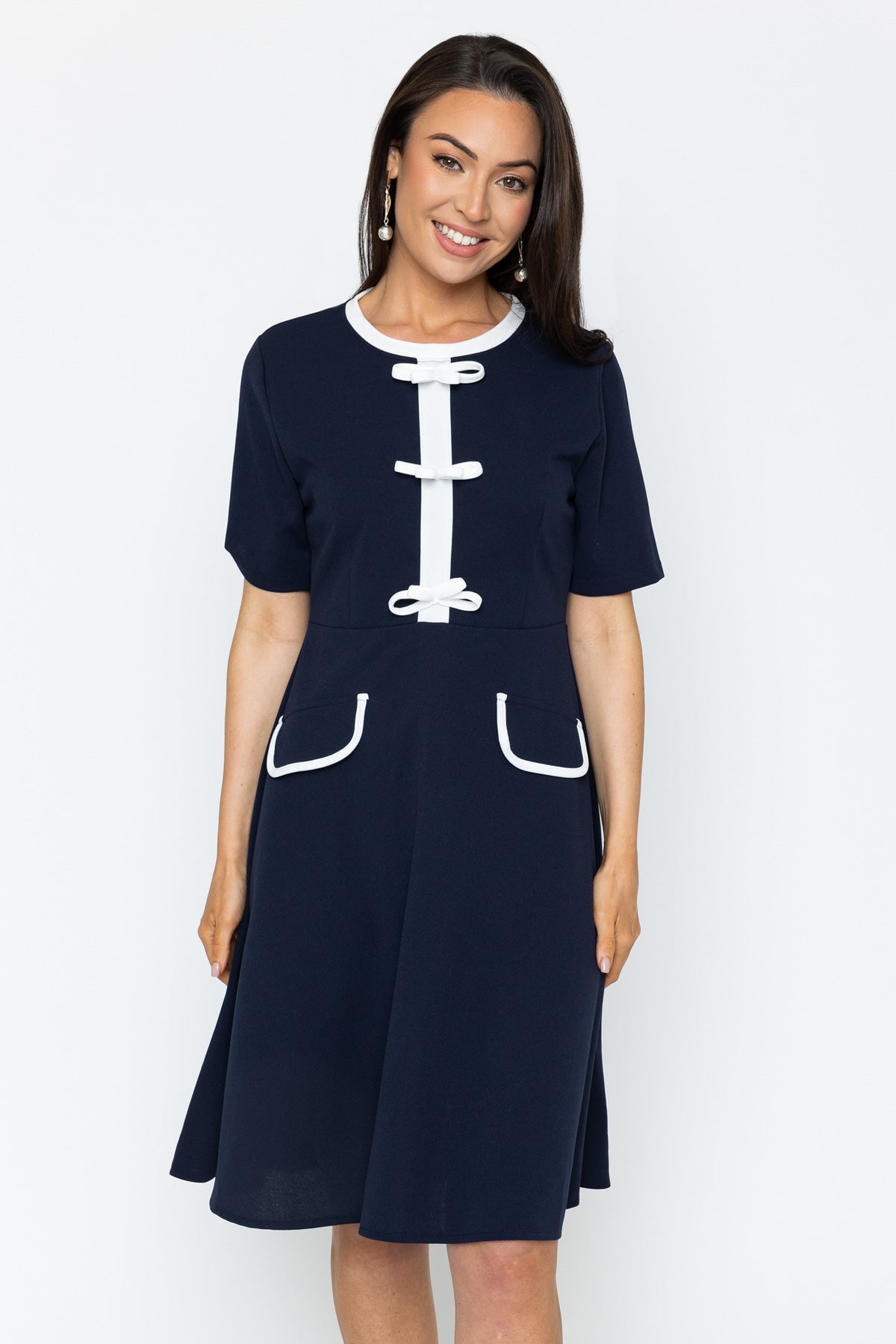 knee length navy blue dress Navy Contrast Bow Knee Length Dress | Ladies Fashion