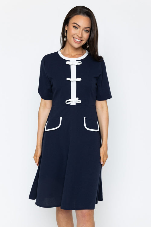 Navy Contrast Bow Knee Length Dress