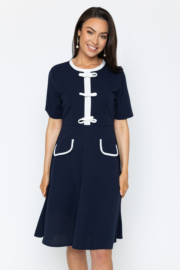 Navy Contrast Bow Knee Length Dress | Ladies Fashion