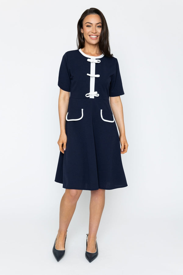 navy blue knee high dress Navy Contrast Bow Knee Length Dress | Ladies Fashion