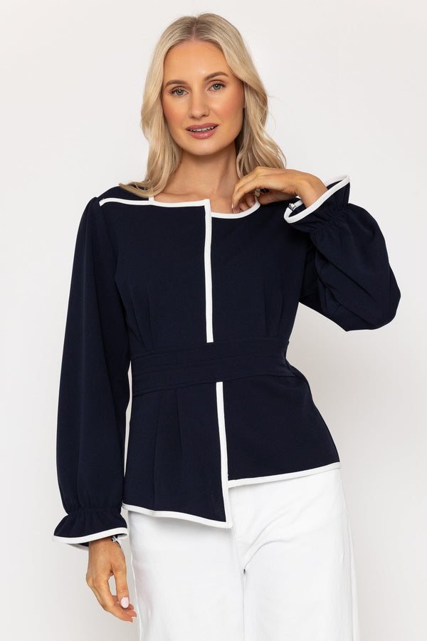 Carraig Donn Navy Contrast Detail Peplum Top