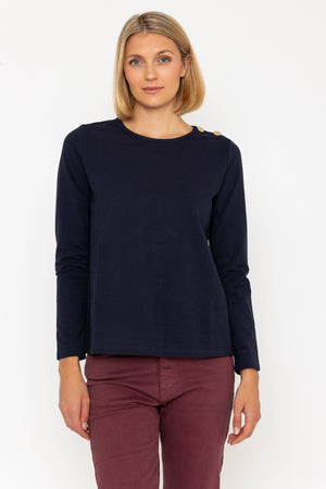 Carraig Donn Navy Cotton Long Sleeve Top With Golden Buttons