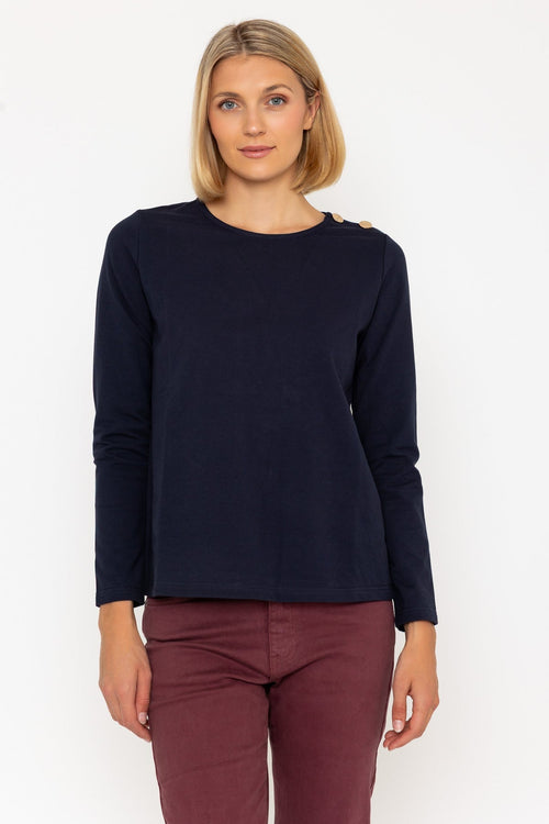 Navy Cotton Long Sleeve Top With Golden Buttons