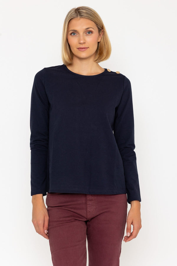 Carraig Donn Navy Cotton Long Sleeve Top With Golden Buttons