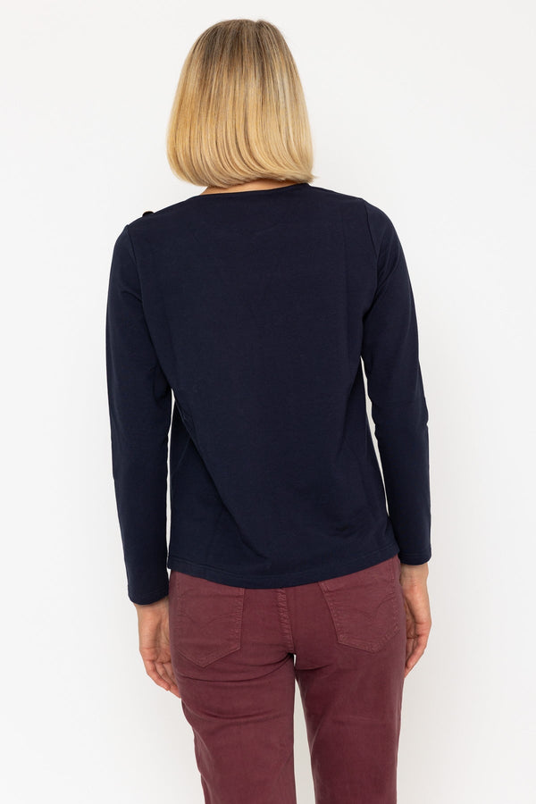 Carraig Donn Navy Cotton Long Sleeve Top With Golden Buttons