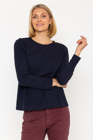 Carraig Donn Navy Cotton Long Sleeve Top With Golden Buttons