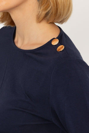 Carraig Donn Navy Cotton Long Sleeve Top With Golden Buttons