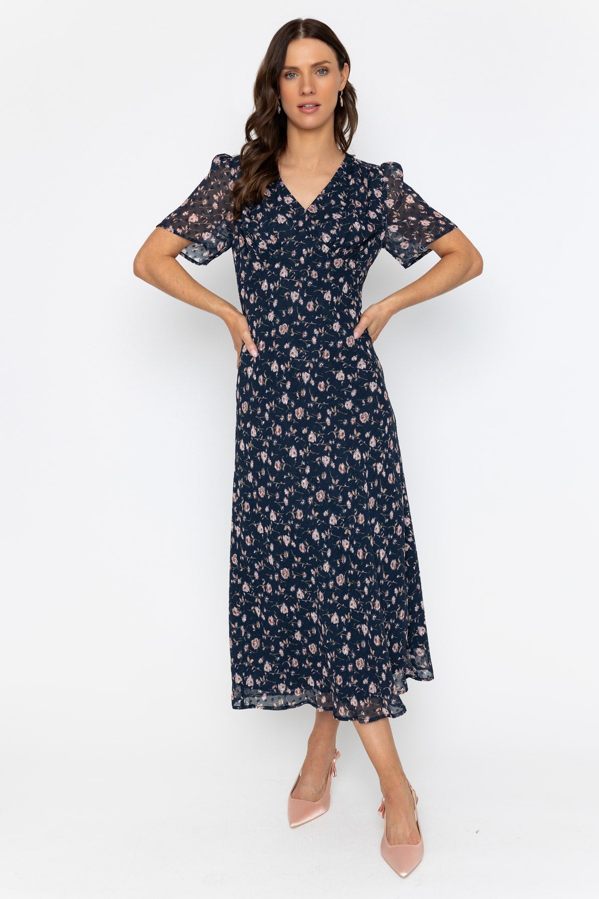 Navy Floral Polka Dot Print Midi Dress