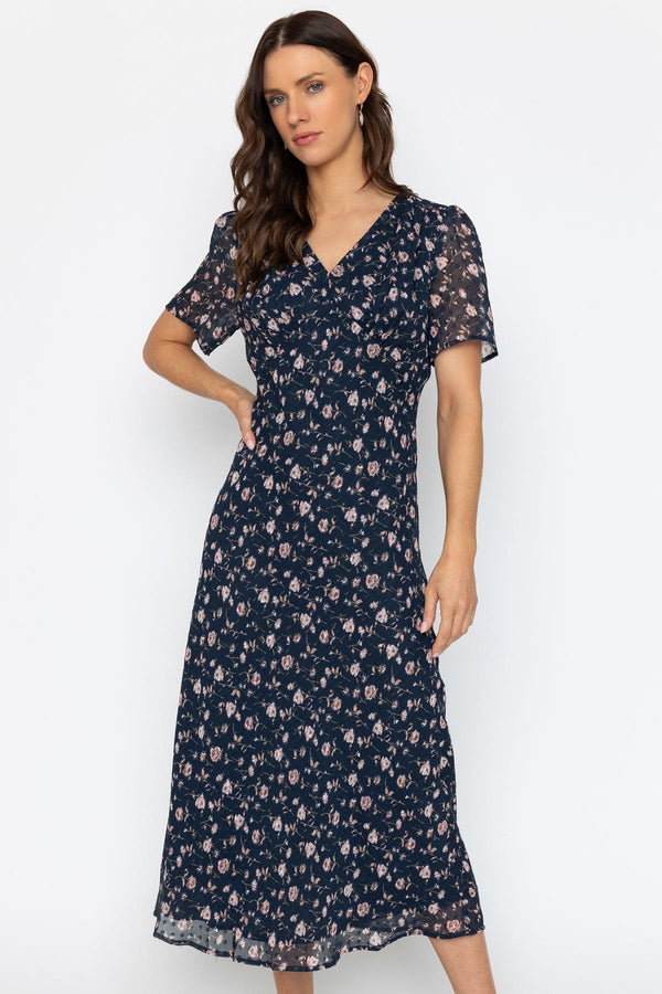Carraig Donn Navy Floral Polka Dot Print Midi Dress