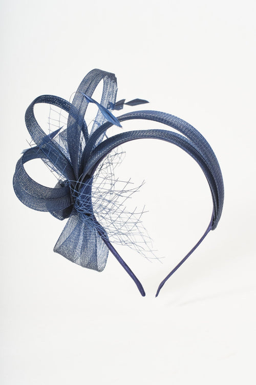 Navy Hairband Fascinator with Bow & Feathers