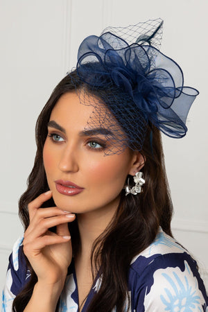 Navy Hairband Fascinator with Net & Feathers