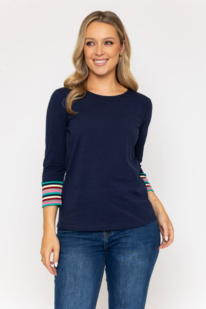 Carraig Donn Navy Jersey Top with Stripe Cuffs