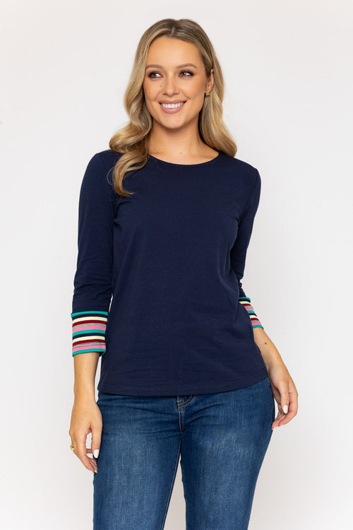 Navy Jersey Top with Stripe Cuffs