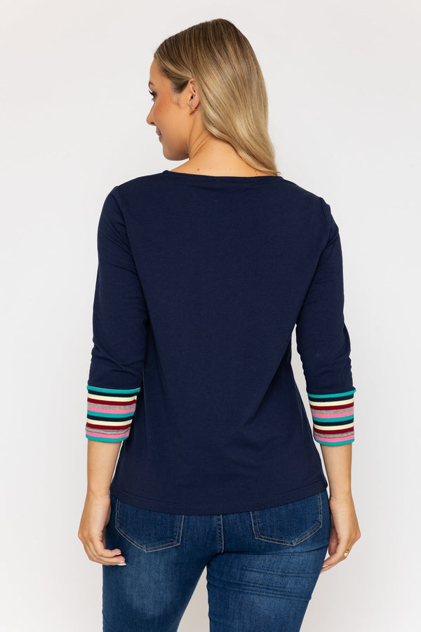 Carraig Donn Navy Jersey Top with Stripe Cuffs