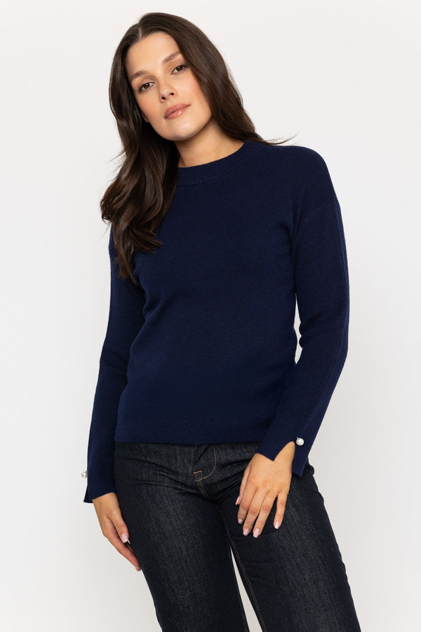 Carraig Donn Navy Jumper with Pearl Cuff Detailing