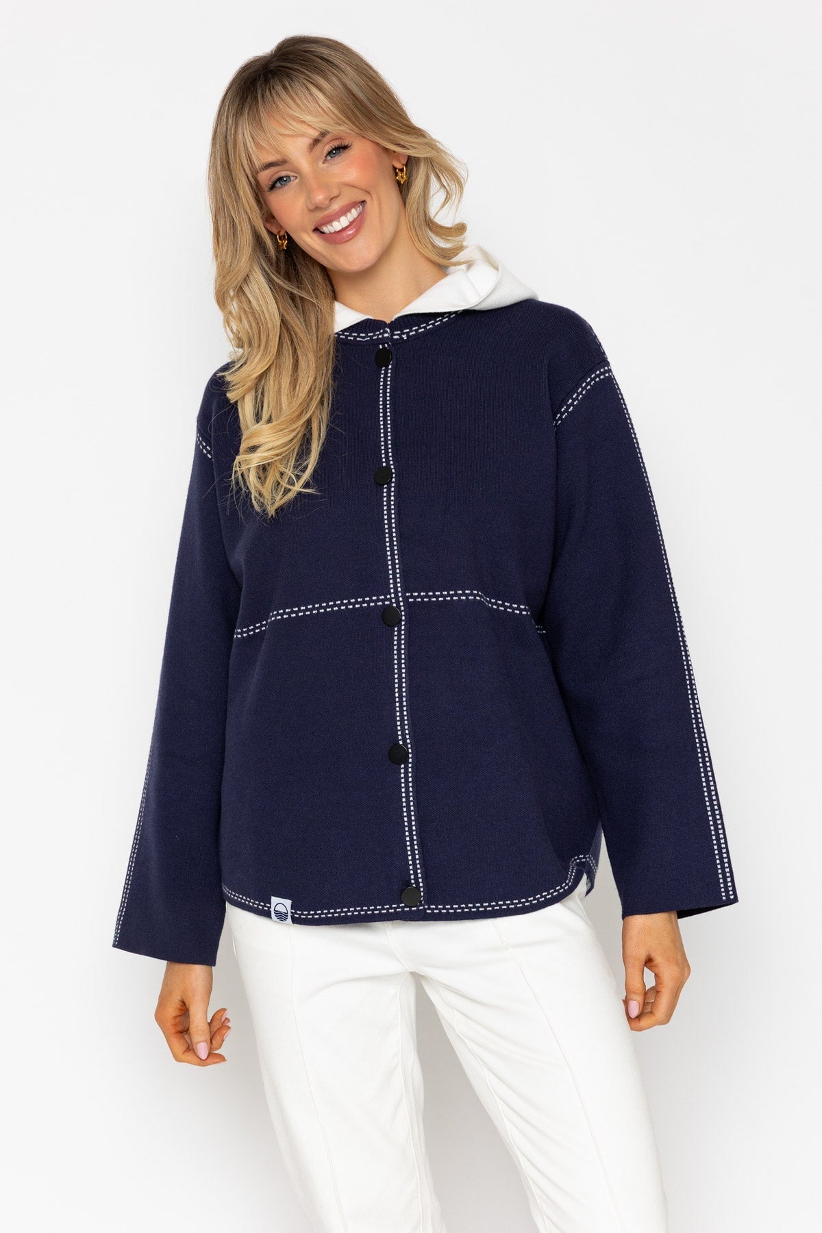 Navy Knitted Jacket With Contrast Stitch Detail