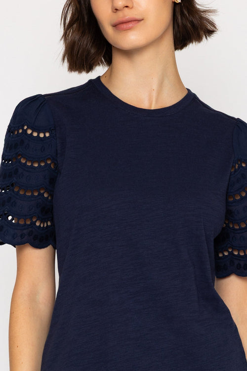 Carraig Donn Navy Lace Detail Sleeve Top