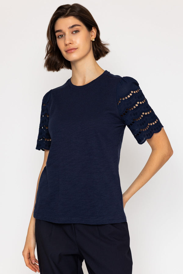 Carraig Donn Navy Lace Detail Sleeve Top
