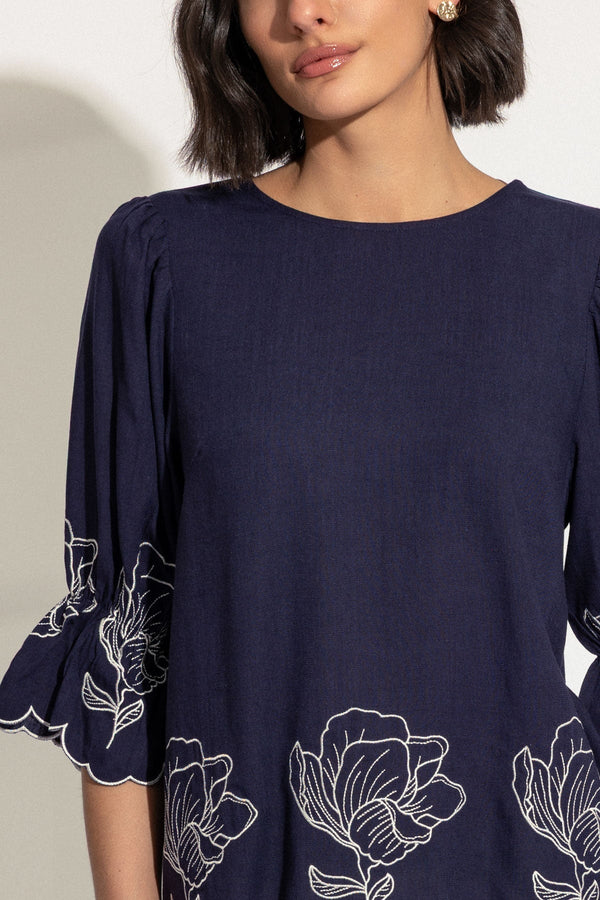 Carraig Donn Navy Linen Blend Embroidered Top